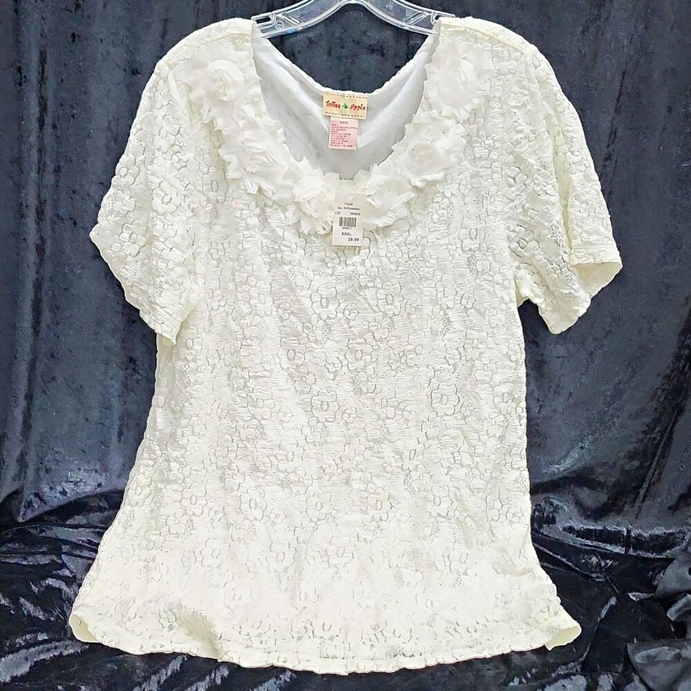 Toffee Apple Women's White Floral Lace  Ruffle Scoop Neck Top Short Sleeve XXXL